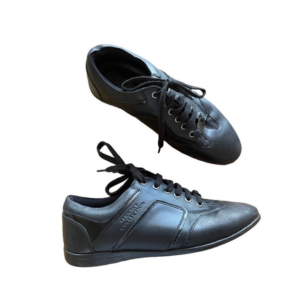 Versace Collection Mens Black Leather Lace Up Running Sneakers Size 42